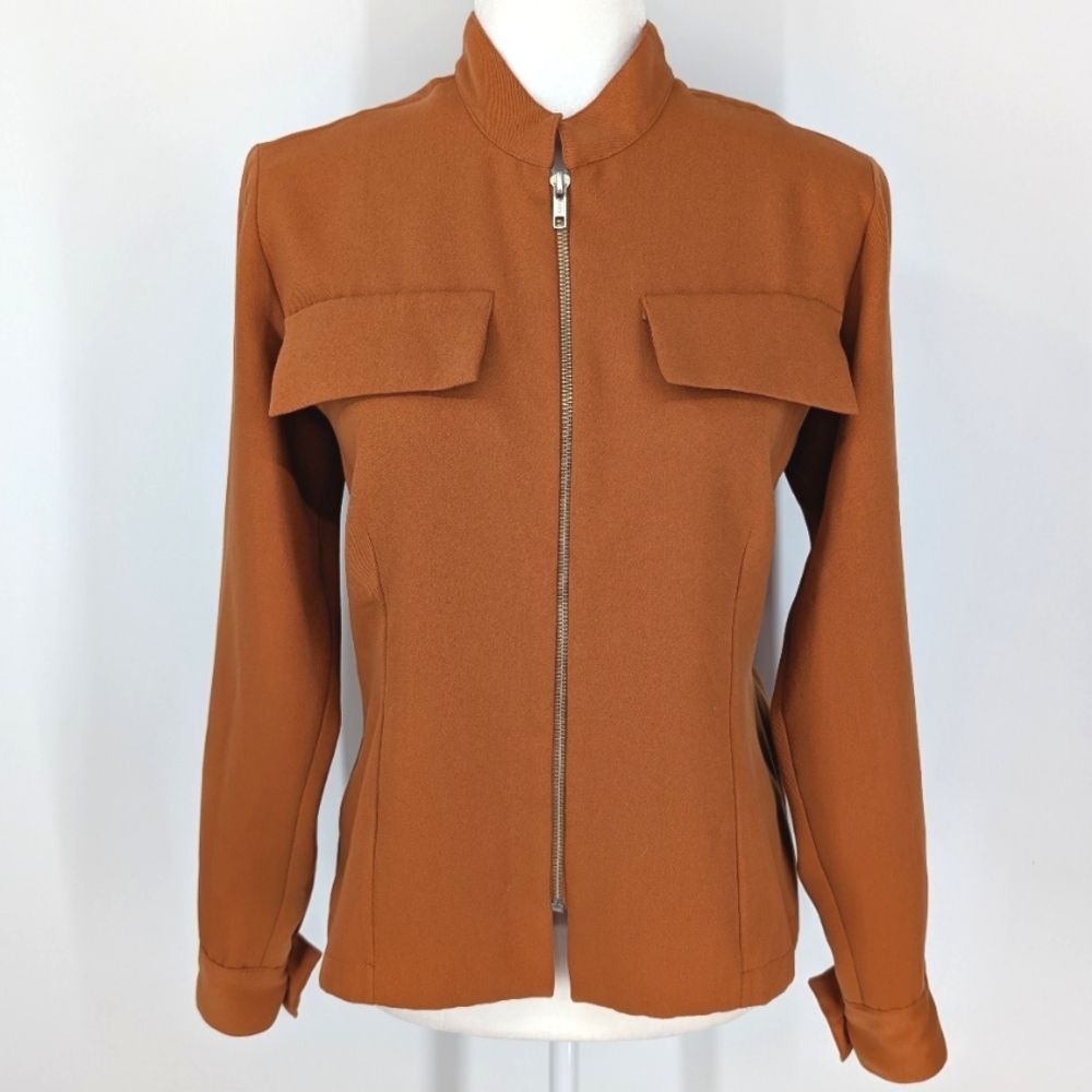 Saskia Burnt Orange Brown Zip Utility Jacket Stand-Up Collar Long Sleeve Small